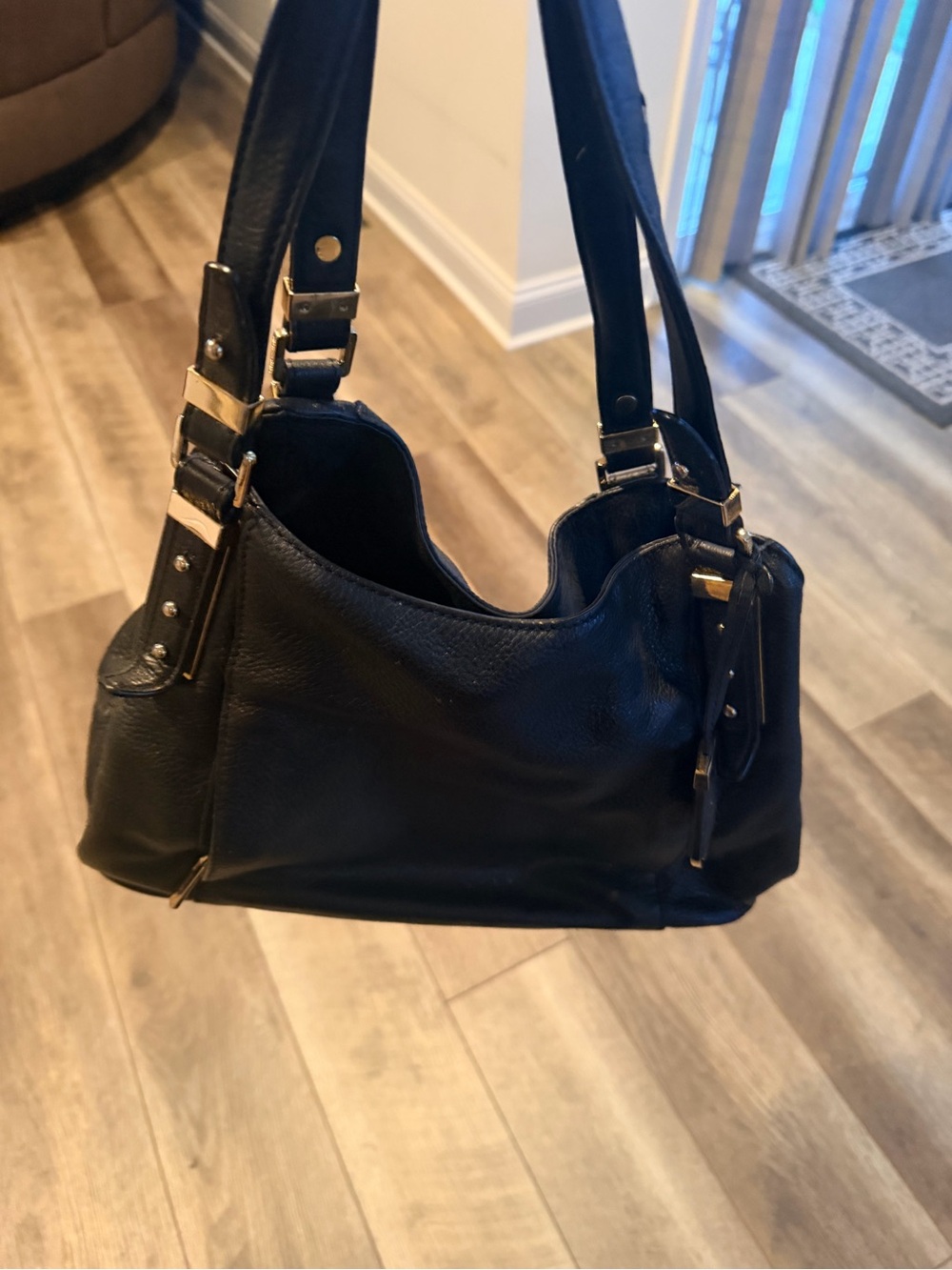 Michael Kors Black Leather Shoulder Bag with Gold Accents